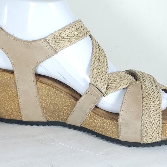 Taos Women’s Julia US9-9,5 Beige Leather Woven Cork Wedge Strappy Sandals - Picture 16 of 16